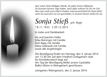 Traueranzeige von Sonja Stieß 