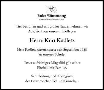 Traueranzeige von Kurt Kadletz 