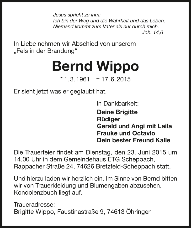  Traueranzeige für Bernd Wippo vom 19.06.2015 aus 