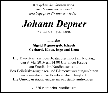 Traueranzeige von Johann Depner 