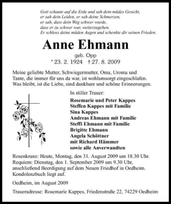 Traueranzeige von Anne Ehmann 