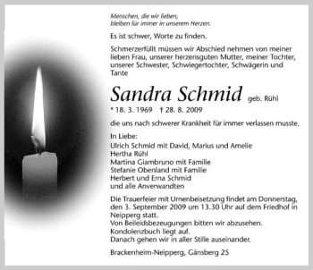 Traueranzeige von Sandra Schmid 