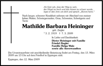 Traueranzeige von Mathilde Barbara Heininger 