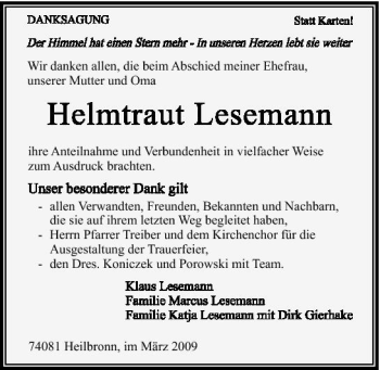 Traueranzeige von Helmtraud Lesemann 