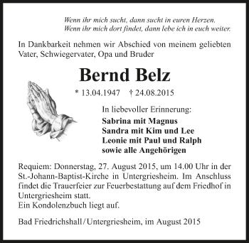 Traueranzeige von Bernd Belz 