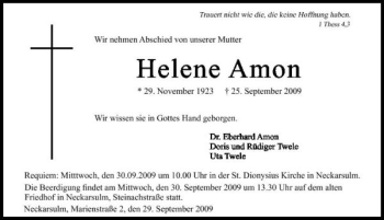 Traueranzeige von Helene Amon 