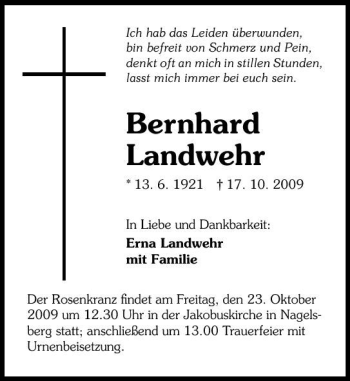 Traueranzeige von Bernhard Landwehr 