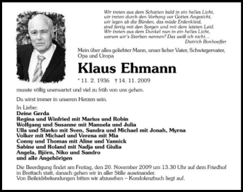 Traueranzeige von Klaus Ehmann 