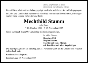 Traueranzeige von Mechthild Stamm 