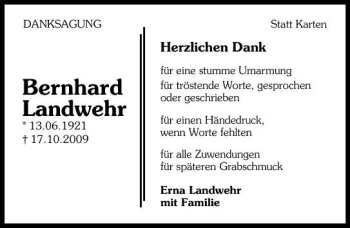 Traueranzeige von Bernhard Landwehr 