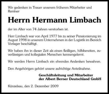 Traueranzeige von Hermann Limbach 