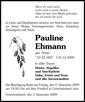 Traueranzeige von Pauline Ehmann 