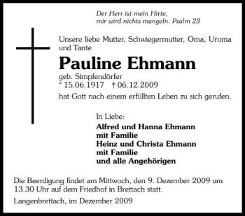 Traueranzeige von Pauline Ehmann 