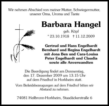 Traueranzeige von Barbara Hangel 