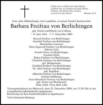 Traueranzeige von Barbara Freifrau von Berlichingen 