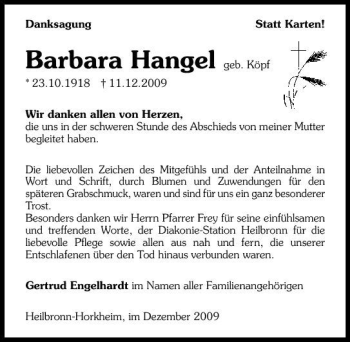 Traueranzeige von Barbara Hangel 