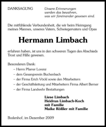 Traueranzeige von Hermann Limbach 