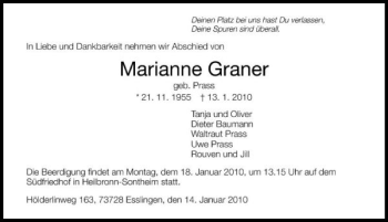 Traueranzeige von Marianne Graner 