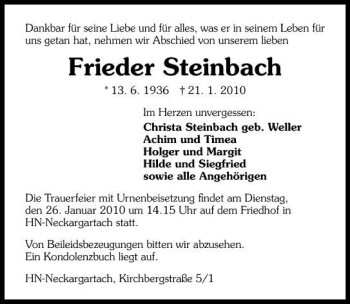 Traueranzeige von Steinbach Frieder 