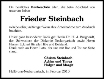 Traueranzeige von Frieder Steinbach 