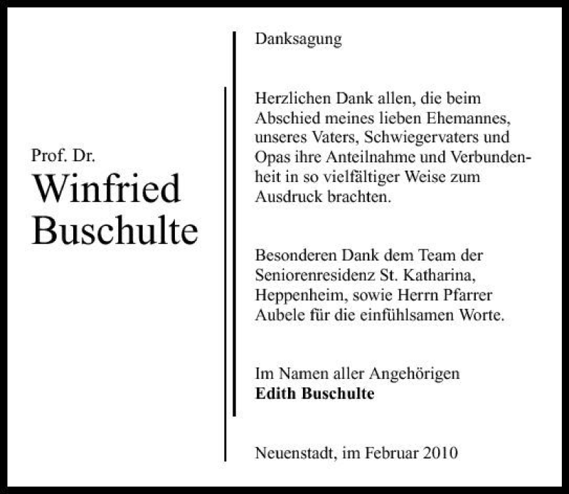  Traueranzeige für Winfried Buschulte vom 13.02.2010 aus 