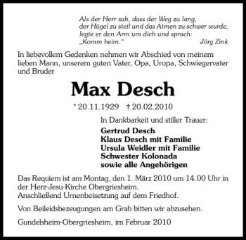 Traueranzeige von Max Desch 