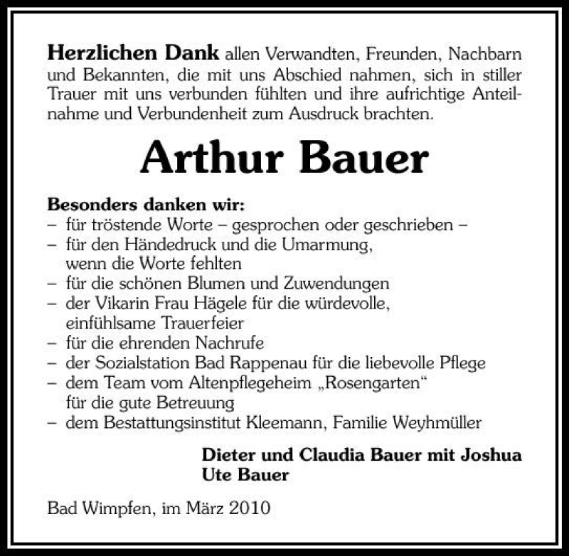 Traueranzeigen Von Arthur Bauer Trauerundgedenkende