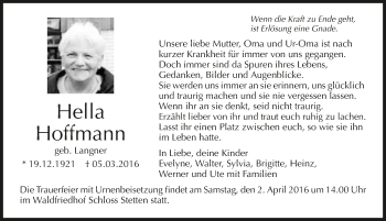 Traueranzeigen von Hella Hoffmann | www.trauerundgedenken.de
