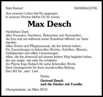 Traueranzeige von Max Desch 