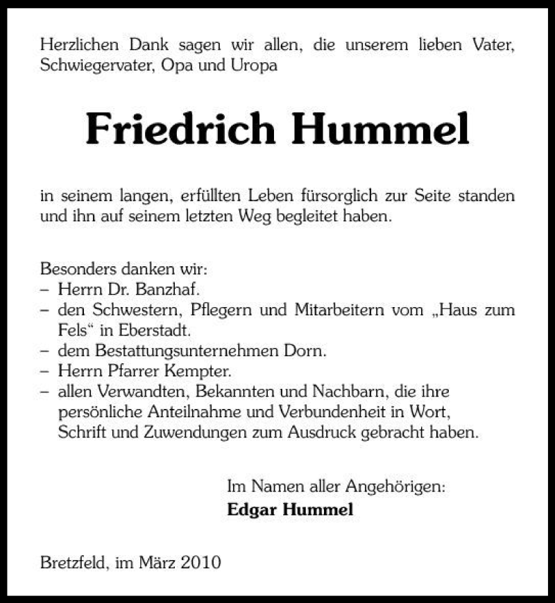 Traueranzeigen von Friedrich Hummel www.trauerundgedenken.de