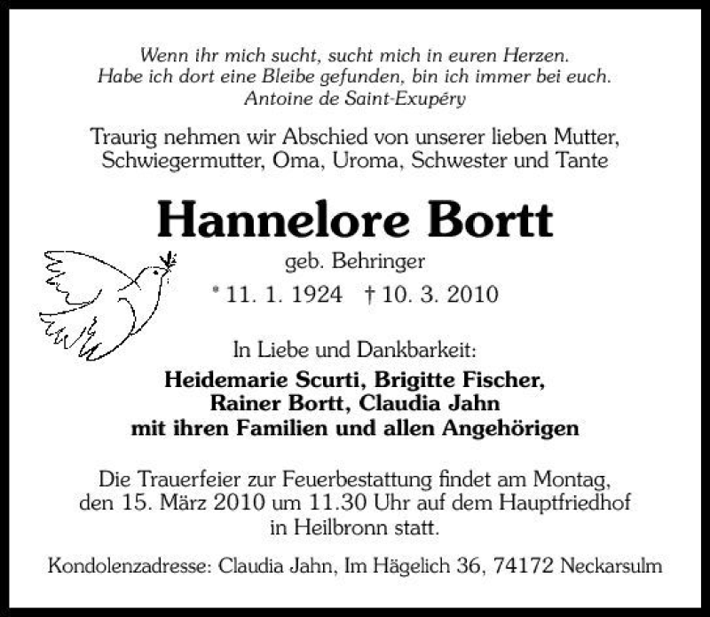  Traueranzeige für Hannelore Bortt vom 12.03.2010 aus 