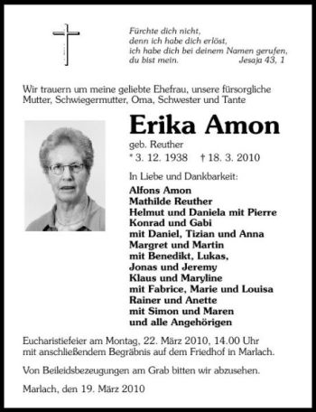 Traueranzeige von Erika Amon 