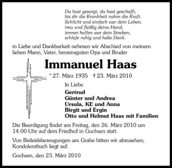 Traueranzeige von Immanuel Haas 