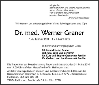 Traueranzeige von Dr. Werner Graner 