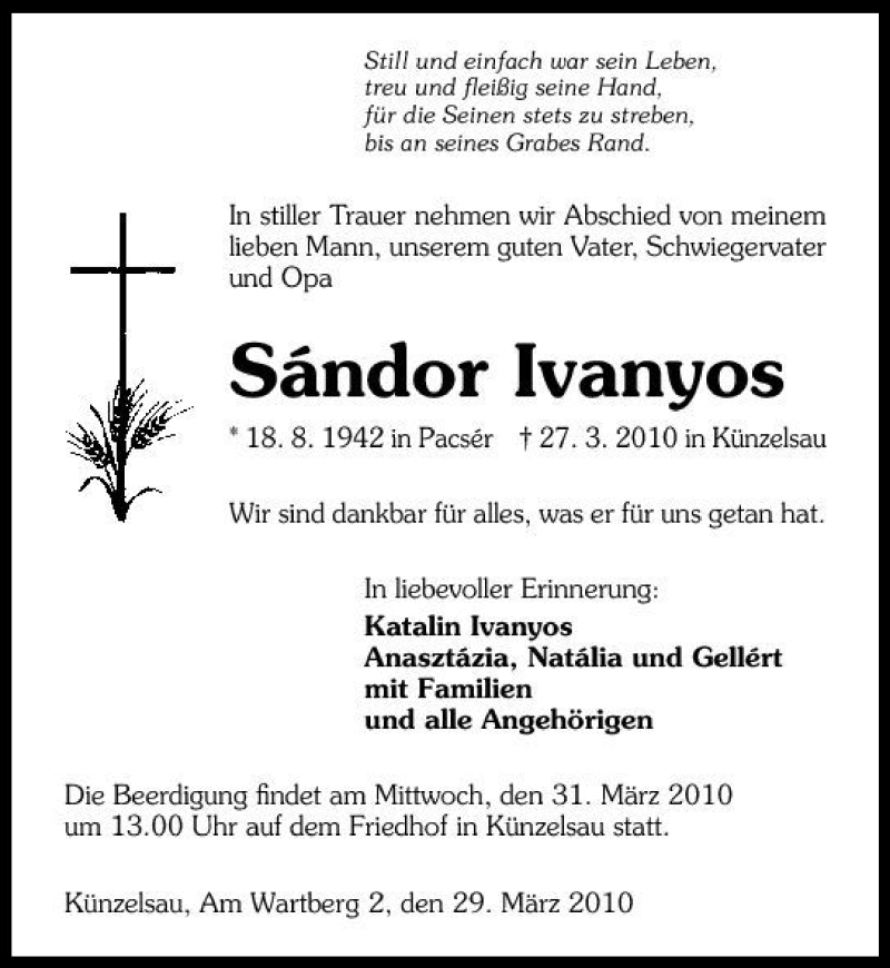  Traueranzeige für Sándor Ivanyos vom 29.03.2010 aus 