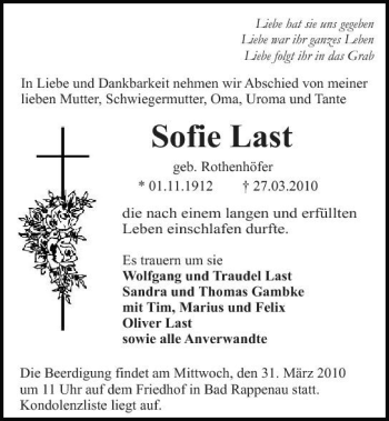 Traueranzeige von Sofie Last 