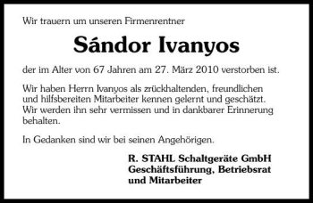 Traueranzeige von Sándor Ivanyos 