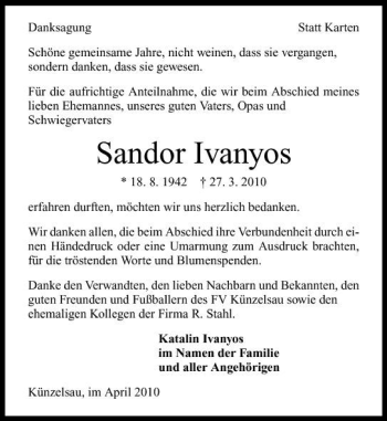 Traueranzeige von Sandor Ivanyos 