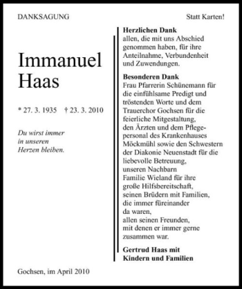 Traueranzeige von Imanuel Haas 