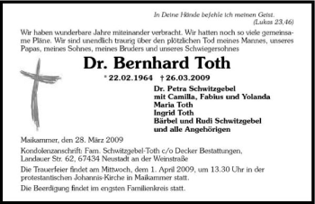 Traueranzeige von Bernhard Toth 