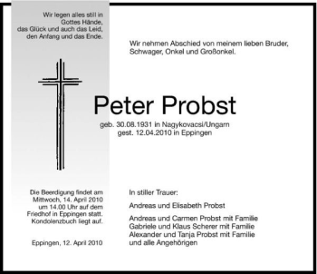 Traueranzeige von Probst Peter 