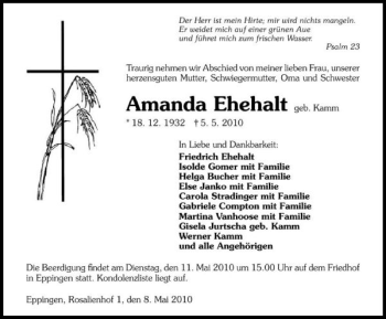 Traueranzeige von Amanda Ehehalt 