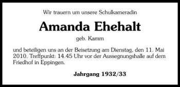 Traueranzeige von Amanda Ehehalt 