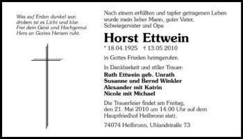 Traueranzeige von Horst Ettwein 