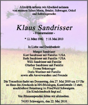 Traueranzeige von Sandrisser Sandrisser 