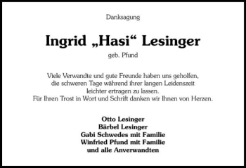 Traueranzeige von Ingrid Lesinger 