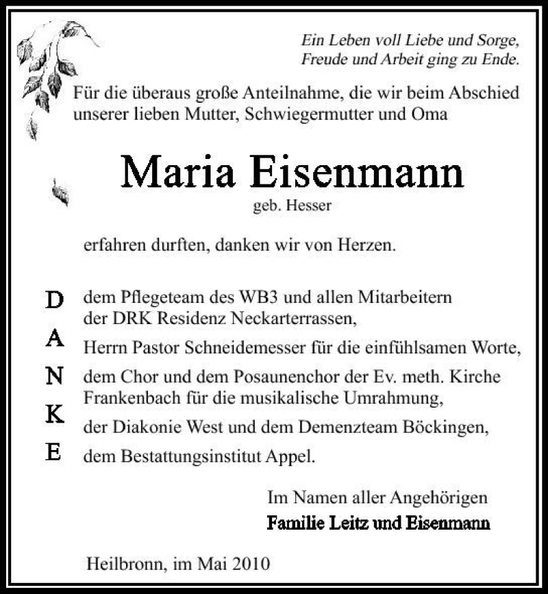 Traueranzeigen von Maria Eisenmann | www.trauerundgedenken.de