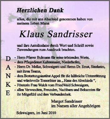 Traueranzeige von Klaus Sandrisser 