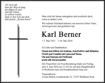 Traueranzeige von Karl Berner 