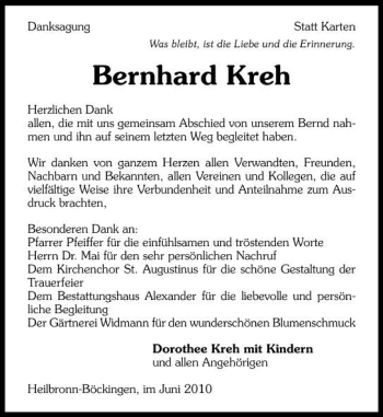 Traueranzeige von Bernhard Kreh 